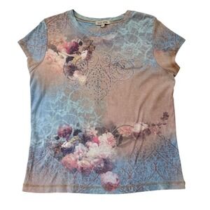 Y2K Womens Tee Rhinestone All Over Print Top XL Pastel Floral Indie Fairy Grunge